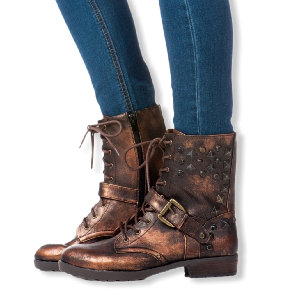 MIA Spikke Bronze Moto Steampunk Combat Boots
